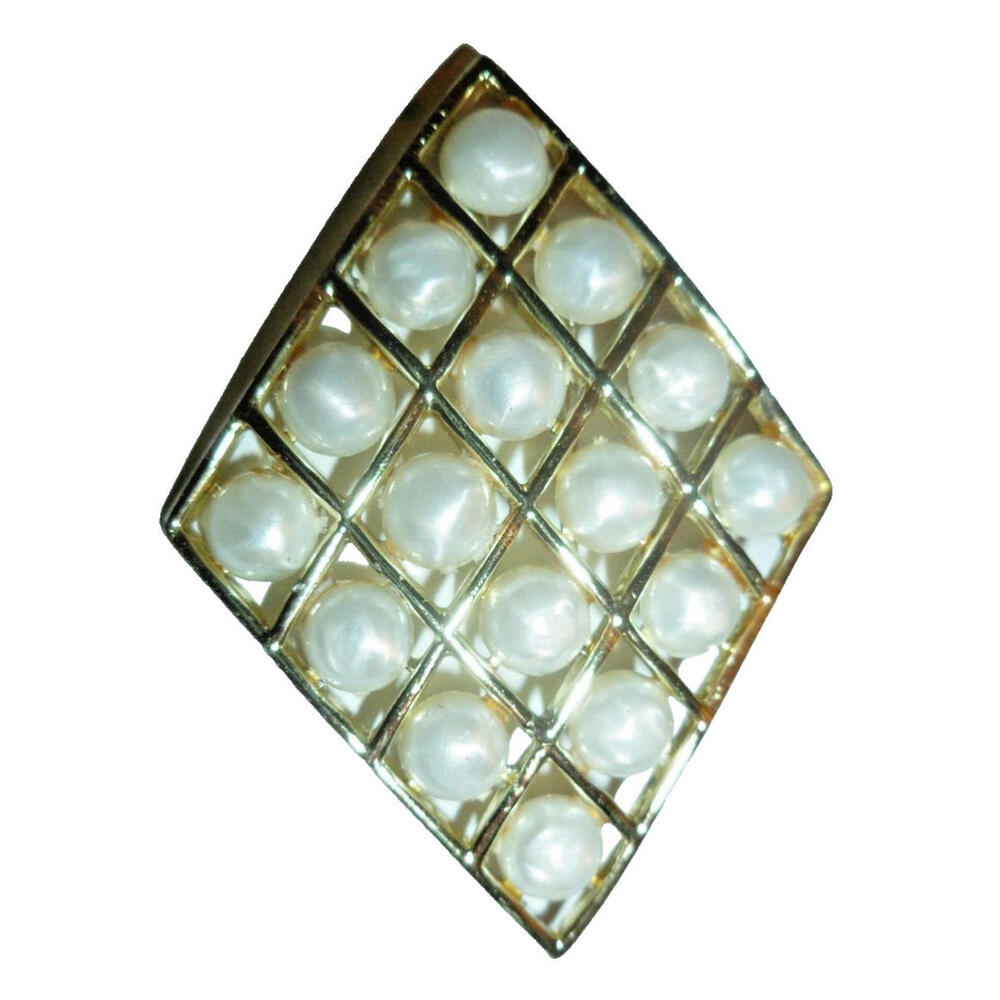 Vintage Faux Pearl Pin‎ Brooch Gold Tone Rombus